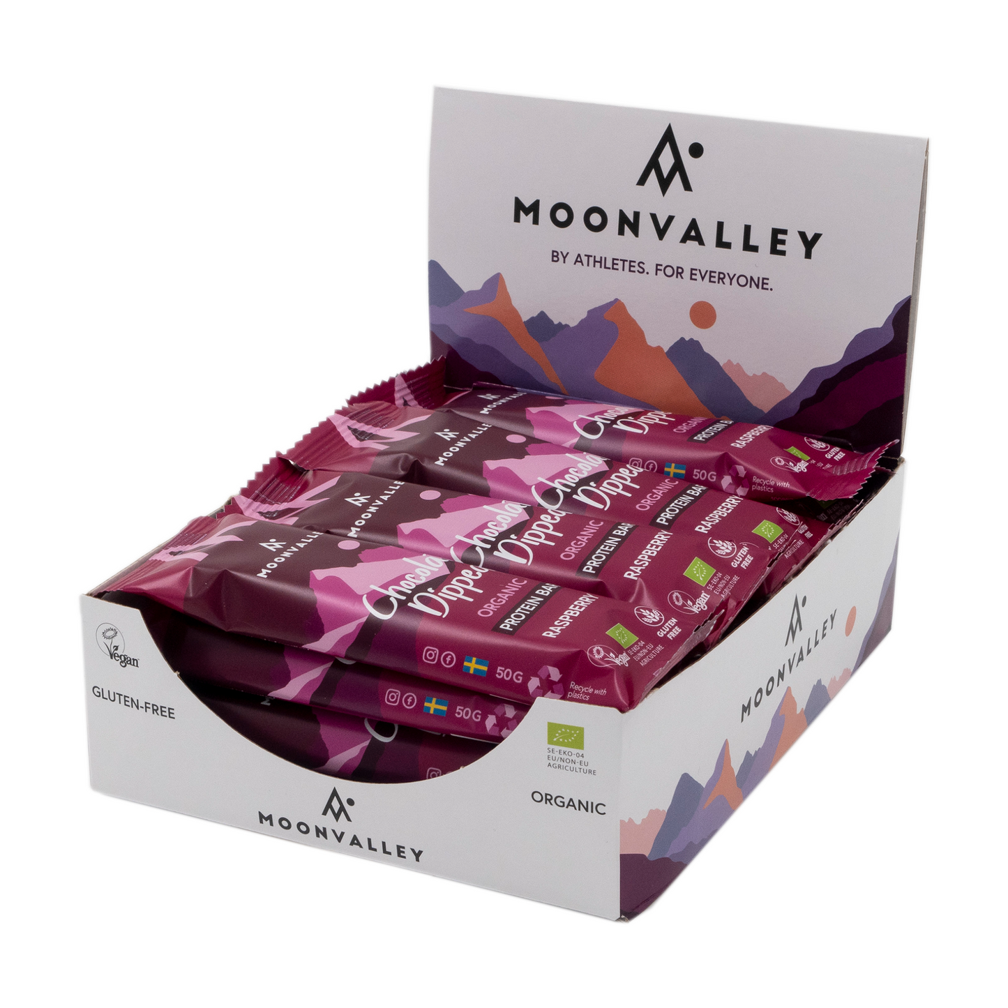 Moonvalley Chocolate Dipped bringebær proteinbarer økologiske i displayboks med flere pakker