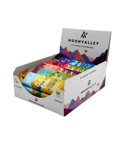 Moonvalley miksboks med økologiske energibarer i flere forskjellige smaker.