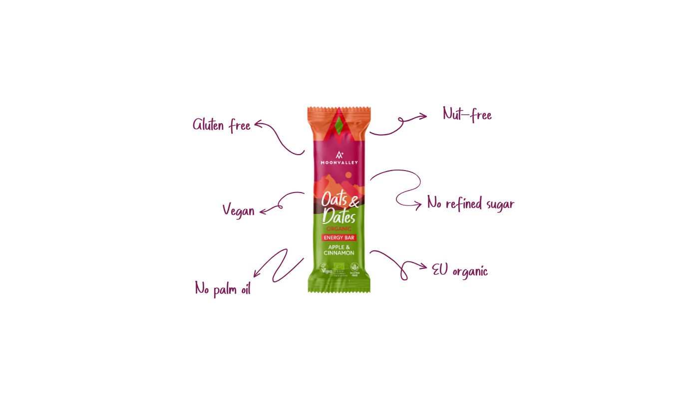 Moonvalley Oats & Dates energibar med eple og kanel – vegansk, glutenfri, nøttefri og økologisk