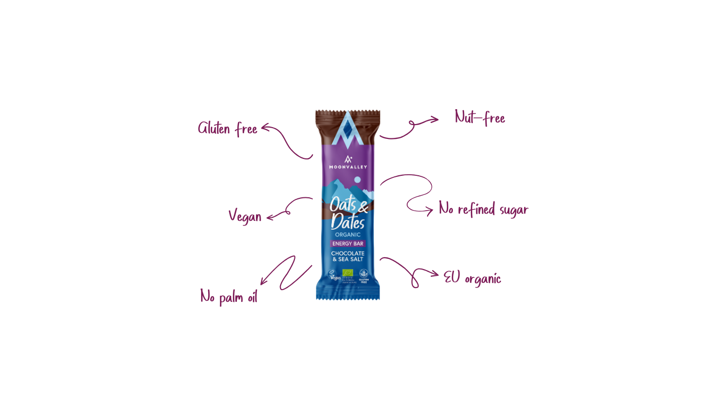 Moonvalley Oats & Dates energibar med sjokolade og havsalt – vegansk, glutenfri, nøttefri og økologisk