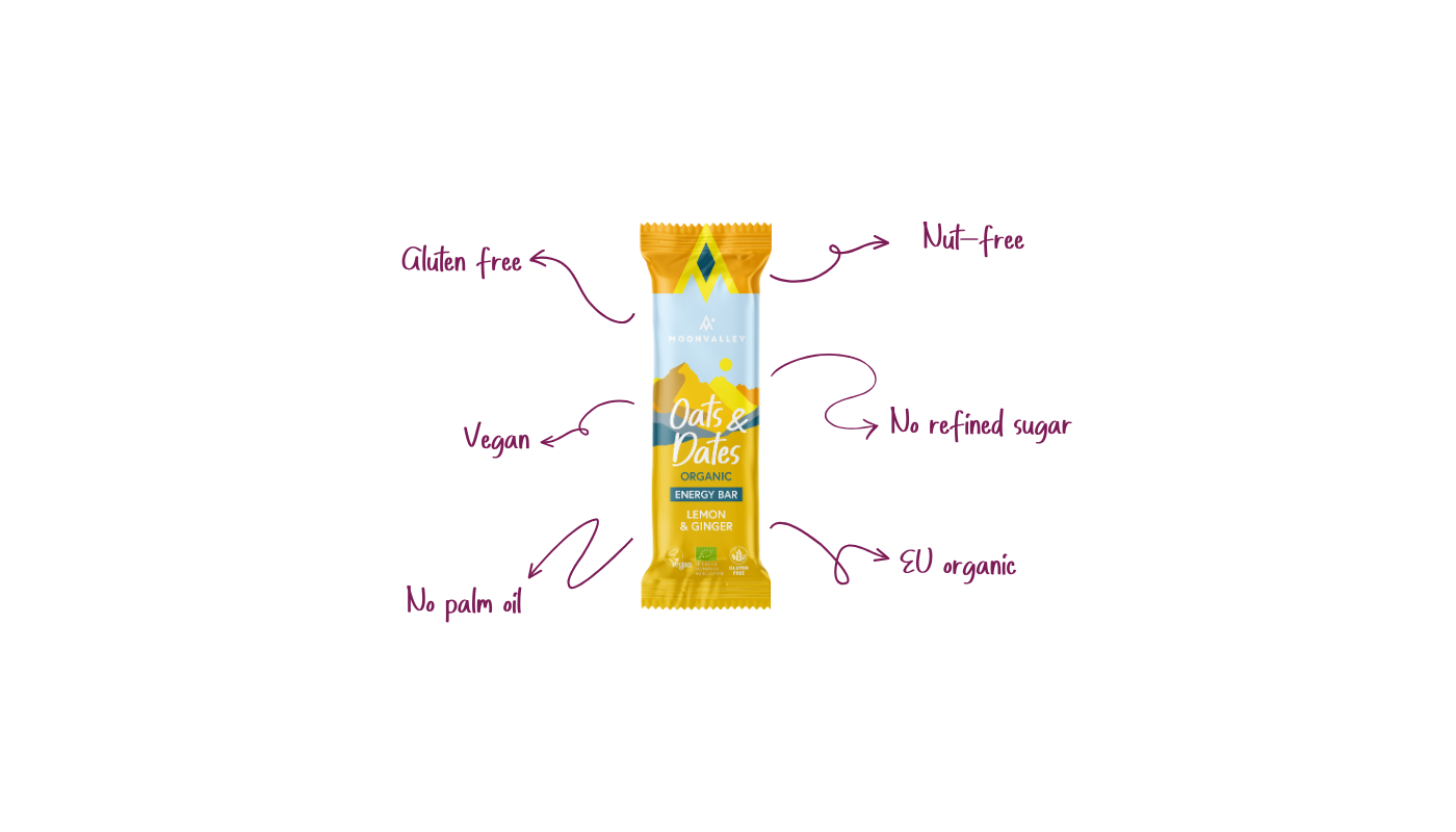 Moonvalley Oats & Dates energibar med sitron og ingefær – vegansk, glutenfri, nøttefri og økologisk