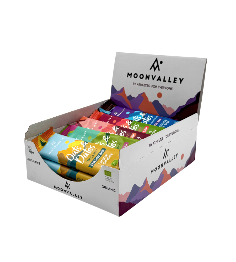 Moonvalley miksboks med økologiske energibarer i flere forskjellige smaker.