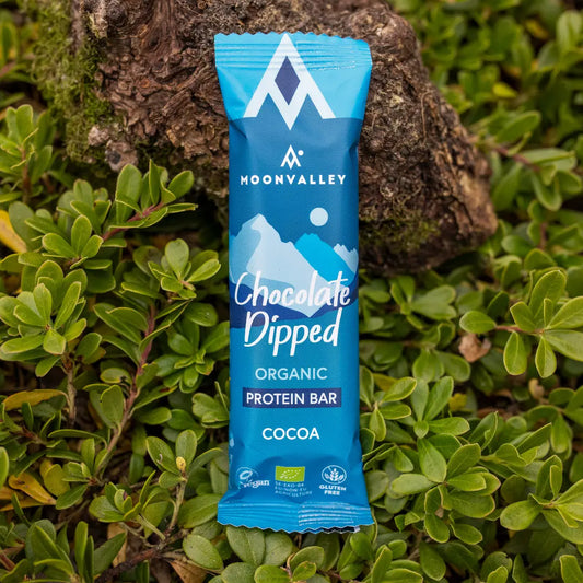 Moonvalley økologisk proteinbar med kakao og sjokoladetrekk, fotografert i naturlige omgivelser.
